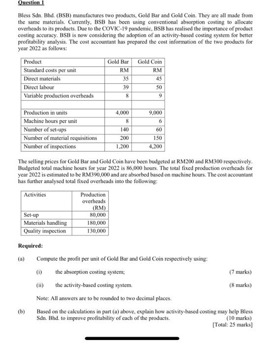 pls help me Question 1 Bless Sdn. Bhd. (BSB) manufactures two products,