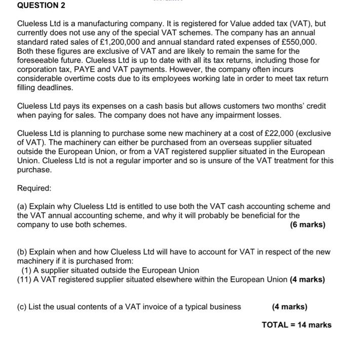 please answer asap QUESTION 2 Clueless Ltd is a manufacturing company. It