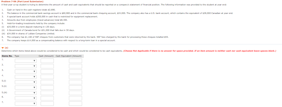  Problem 7-9A (Part Level Submission) A first-year co-op student is trying