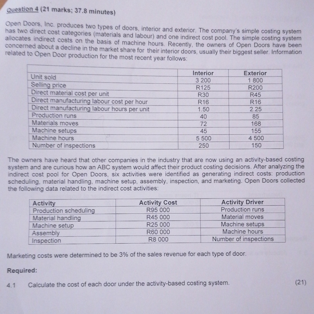  Question 4(21 marks; 37.8 minutes) Open Doors, Inc. produces two types