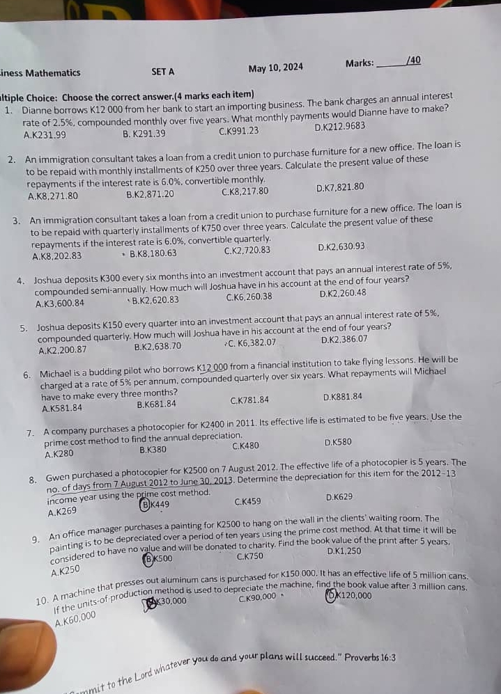  iness Mathematics SET A May 10,2024 Marks: q, Ittiple Choice: Choose