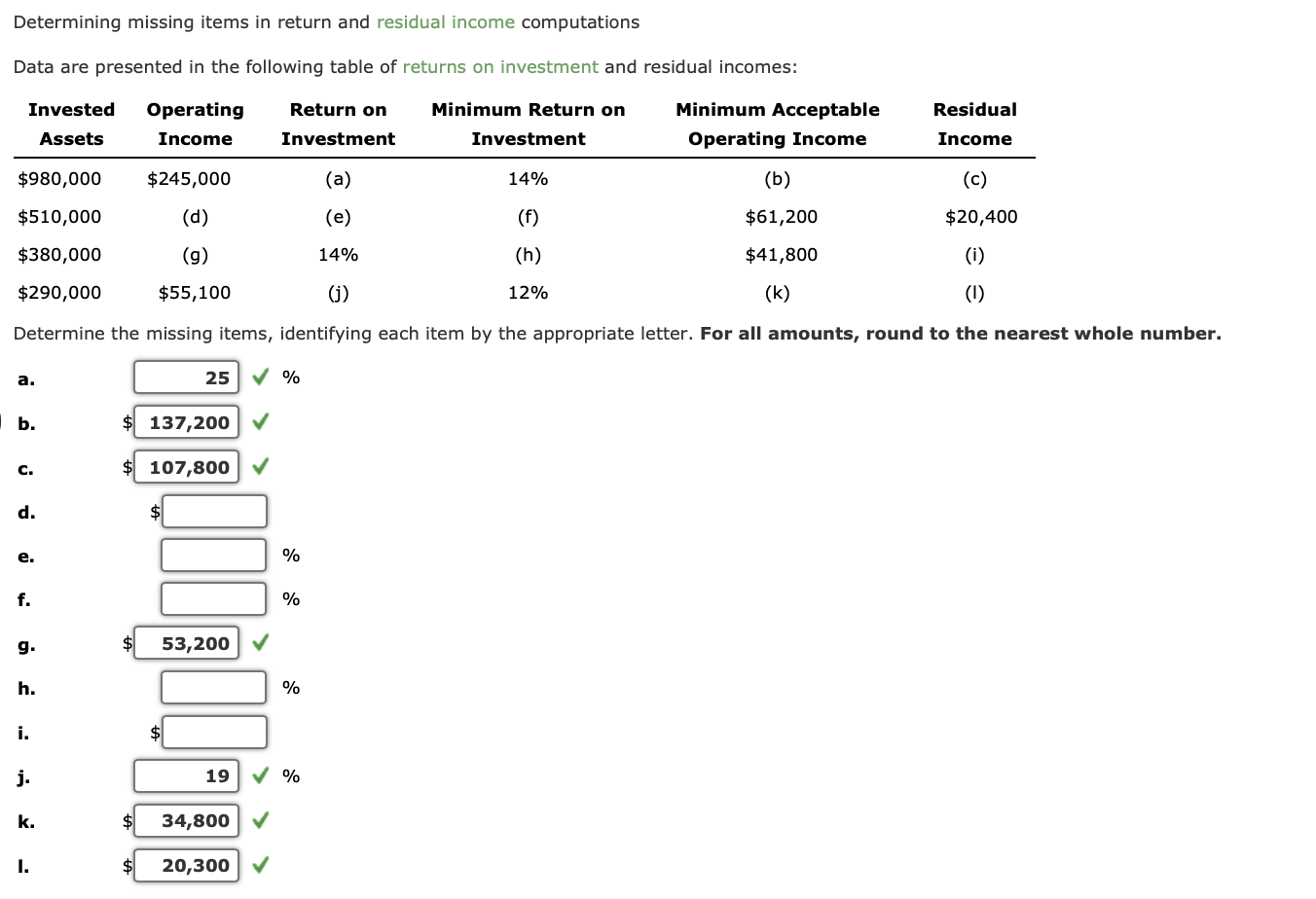  Determining missing items in return and residual income computations Data are