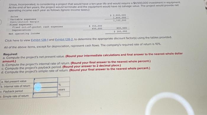  Ursus, Incorporated, is considering a project that would have a ten-year