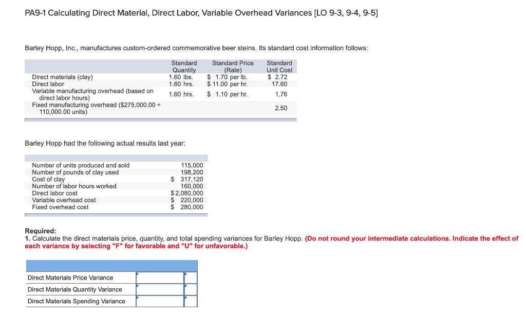  PA9-1 Calculating Direct Material, Direct Labor, Variable Overhead Variances [LO 9-3,