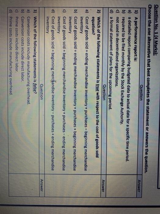  "Answer Answer Question No. 1 (4 Marks): Choose the one attemative