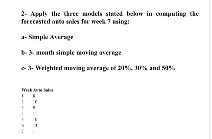  2- Apply the three models stated below in computing the forecasted