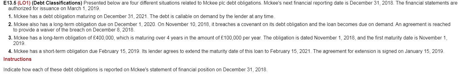 Intermediate accounting IFRS E13.5 (L01) (Debt Classifications) Presented below are four different