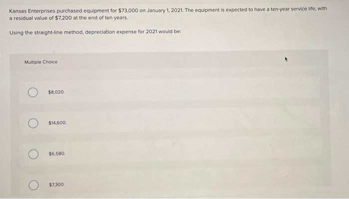 please answer this question quickly: Kansas Enterprises purchased equipment for $73,000 on
