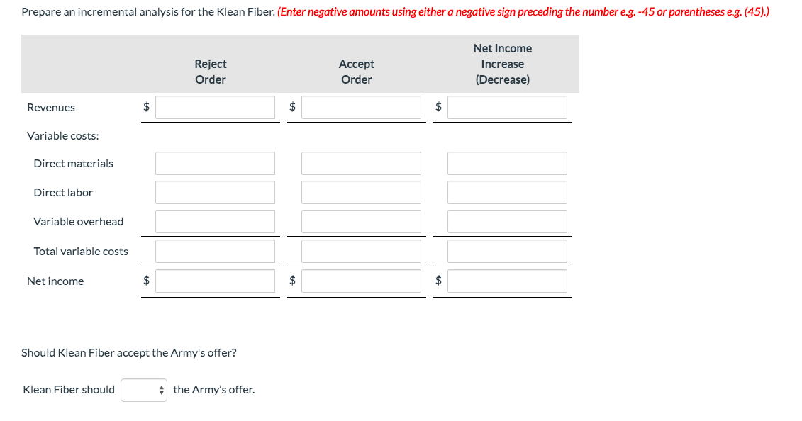 Prepare an incremental analysis for the Klean Fiber. (Enter negative amounts