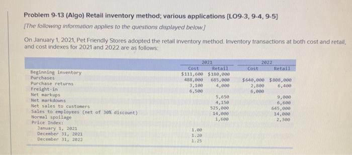 Problem 9-13 (Algo) Retail inventory method; various applications (LO9-3.9-4, 9-5) [The