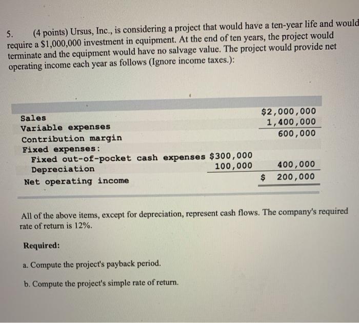 5. (4 points) Ursus, Inc., is considering a project that would