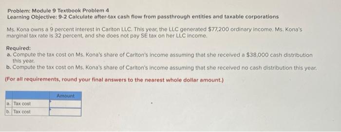  Problem: Module 9 Textbook Problem 4 Learning Objective: 9-2 Calculate after-tax