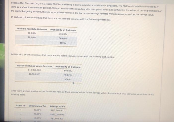  Suppose that Sherman Co., U.S.-based MNC is considering a plan to