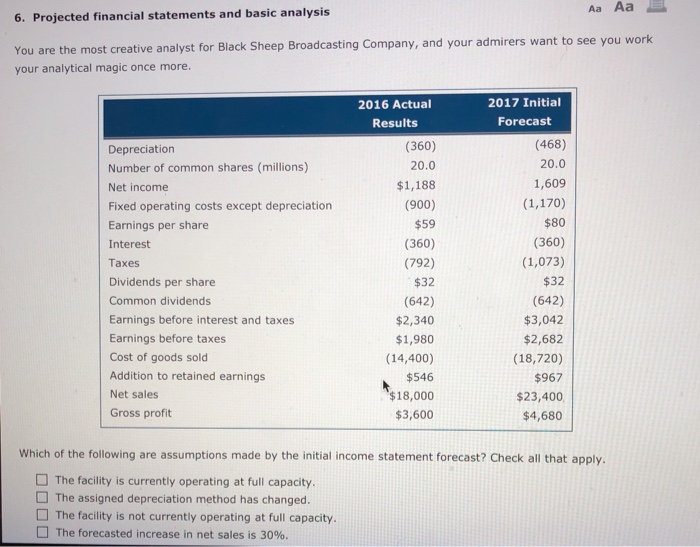  6. Projected financial statements and basic analysis Aa Aa You are