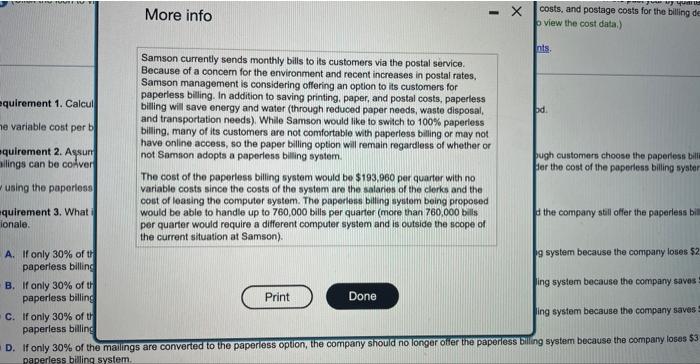 1. Cakulate the variable cost per bill malled under the current poper-based