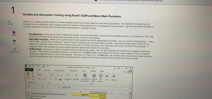  questo in ne provodempt 1 Variable and Absorption Costing using Excel's
