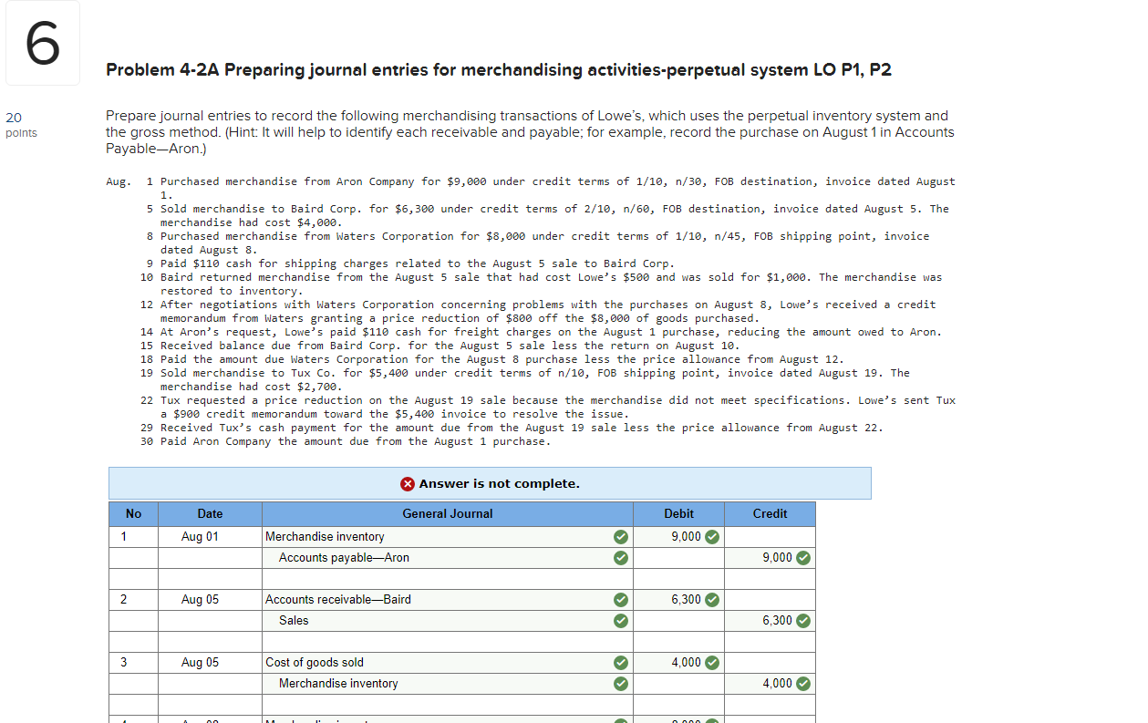  6 Problem 4-2A Preparing journal entries for merchandising activities-perpetual system LO