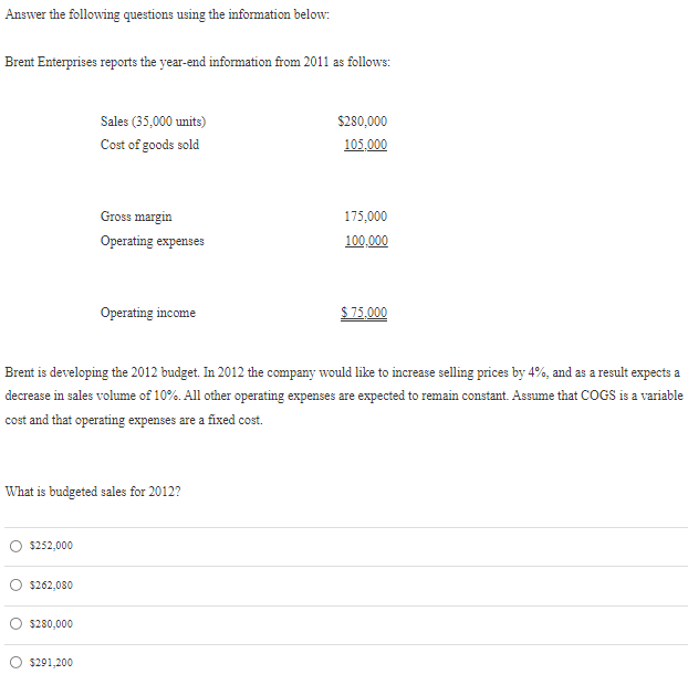 Answer the following questions using the information below: Brent Enterprises reports