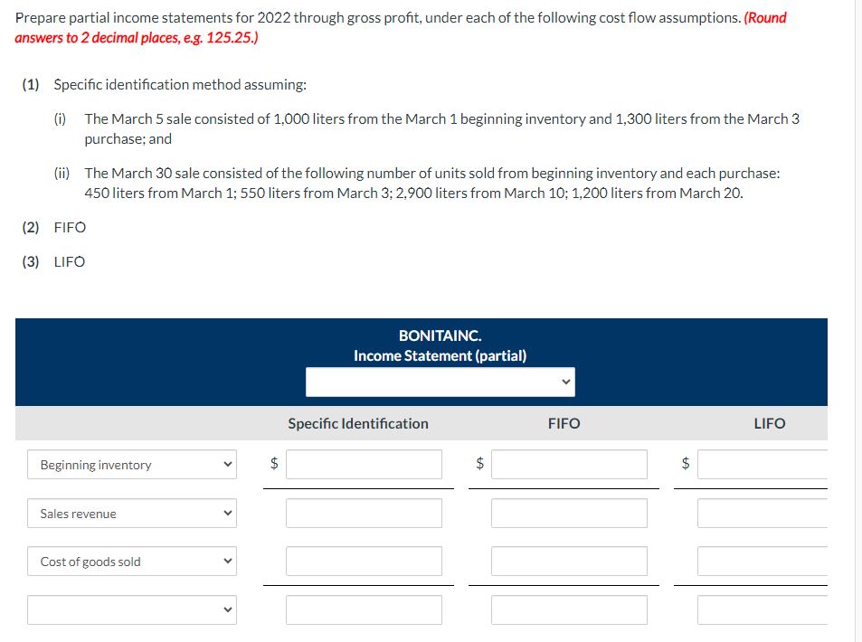 Prepare partial income statements for 2022 through gross profit, under each