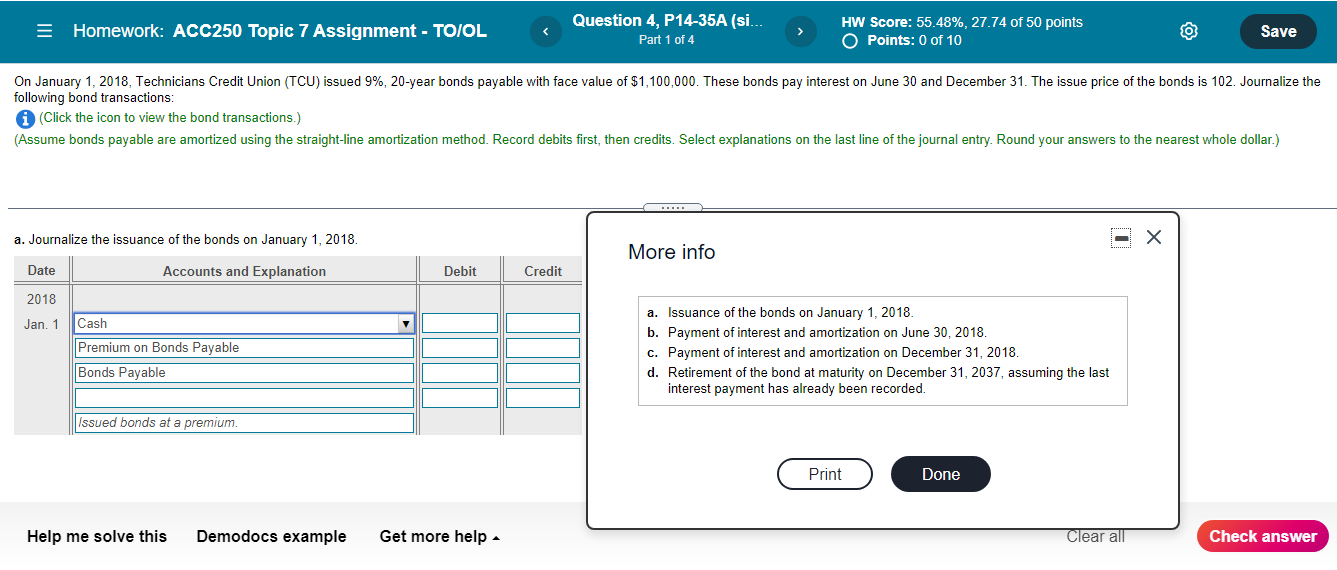 A-D, please! Thank you = Homework: ACC250 Topic 7 Assignment -TOIOL Question