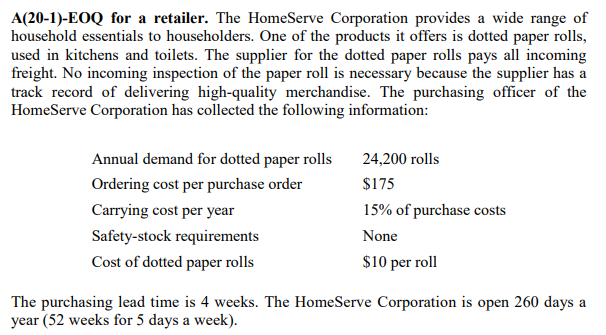  compute annual RTC based on EOQ. A(20-1)-EOQ for a retailer. The