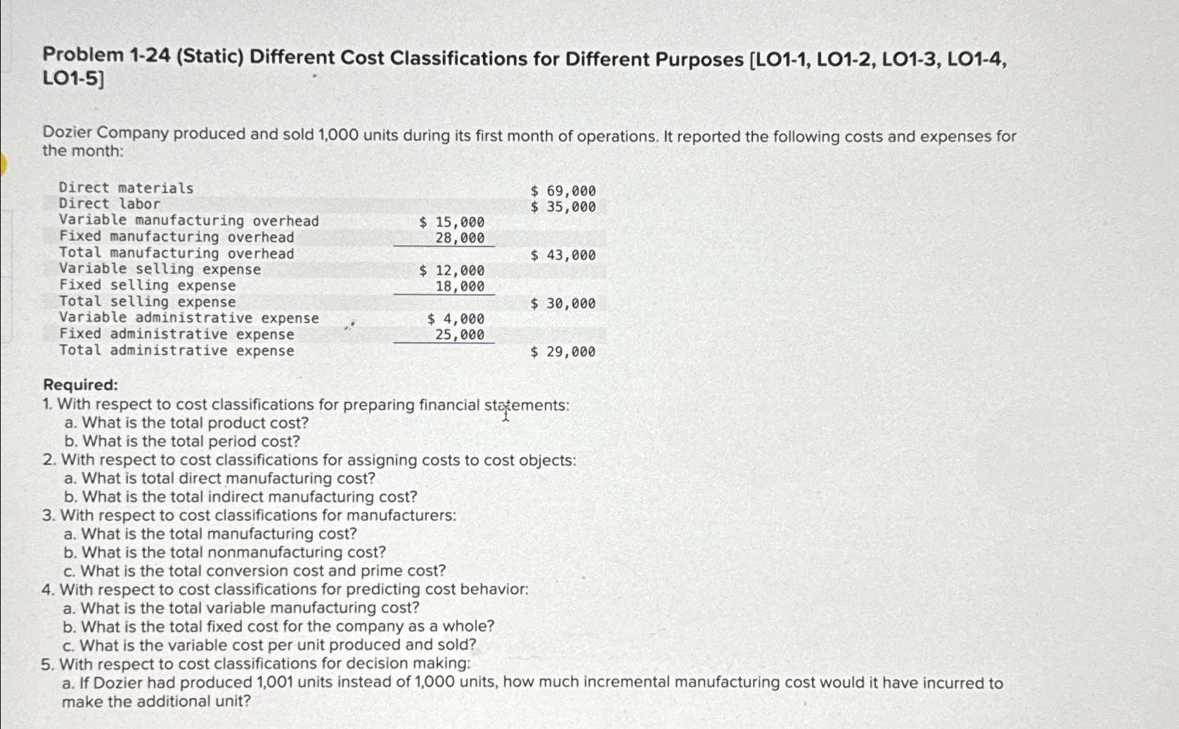  Problem 1-24(Static) Different Cost Classifications for Different Purposes [LO1-1, LO1-2, LO1-3,