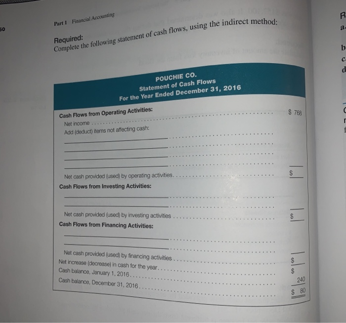  Part I Financial Accounting using the indirect method: Required: Complete the