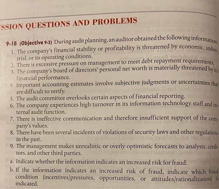  ISSION QUESTIONS AND PROBLEMS - 9-18 (Objective 9-2) During audit planning,