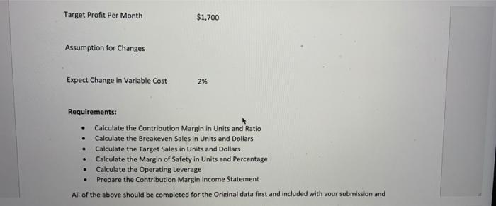 for your product. Original Data Sales price per unit Variable costs per
