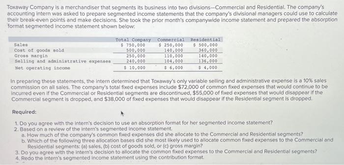 Please Help Redo the intern's segmented income statement using the contribution format.