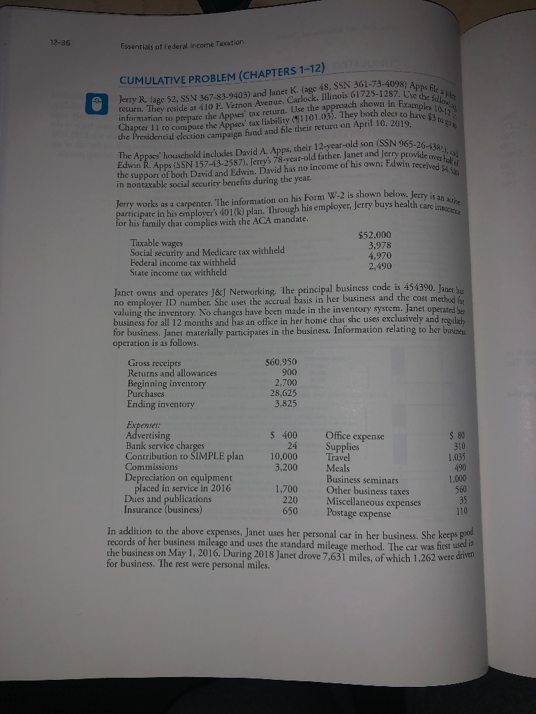  Chapter 12 Cumulative Problem (Chapters 1-12) Please fill out form 1040,8949,4562,8829