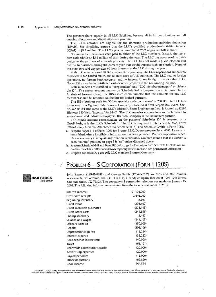 problem # 6 E-14 Appendix E Comprnive Tax Return Problems The partners