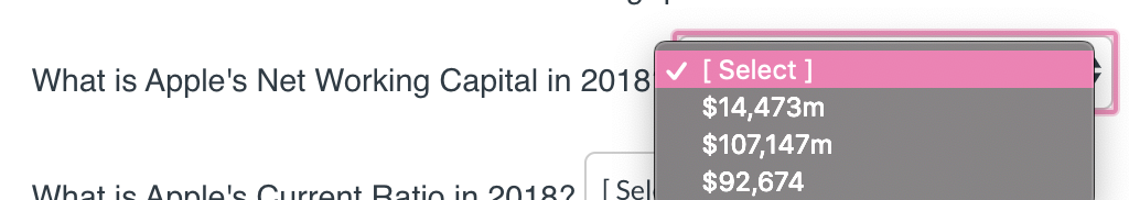 choices for each box. Last two images are apples financial statements. Question