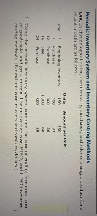  Periodic Inventory System and Inventory Costing Methods E4A. In chronological order,