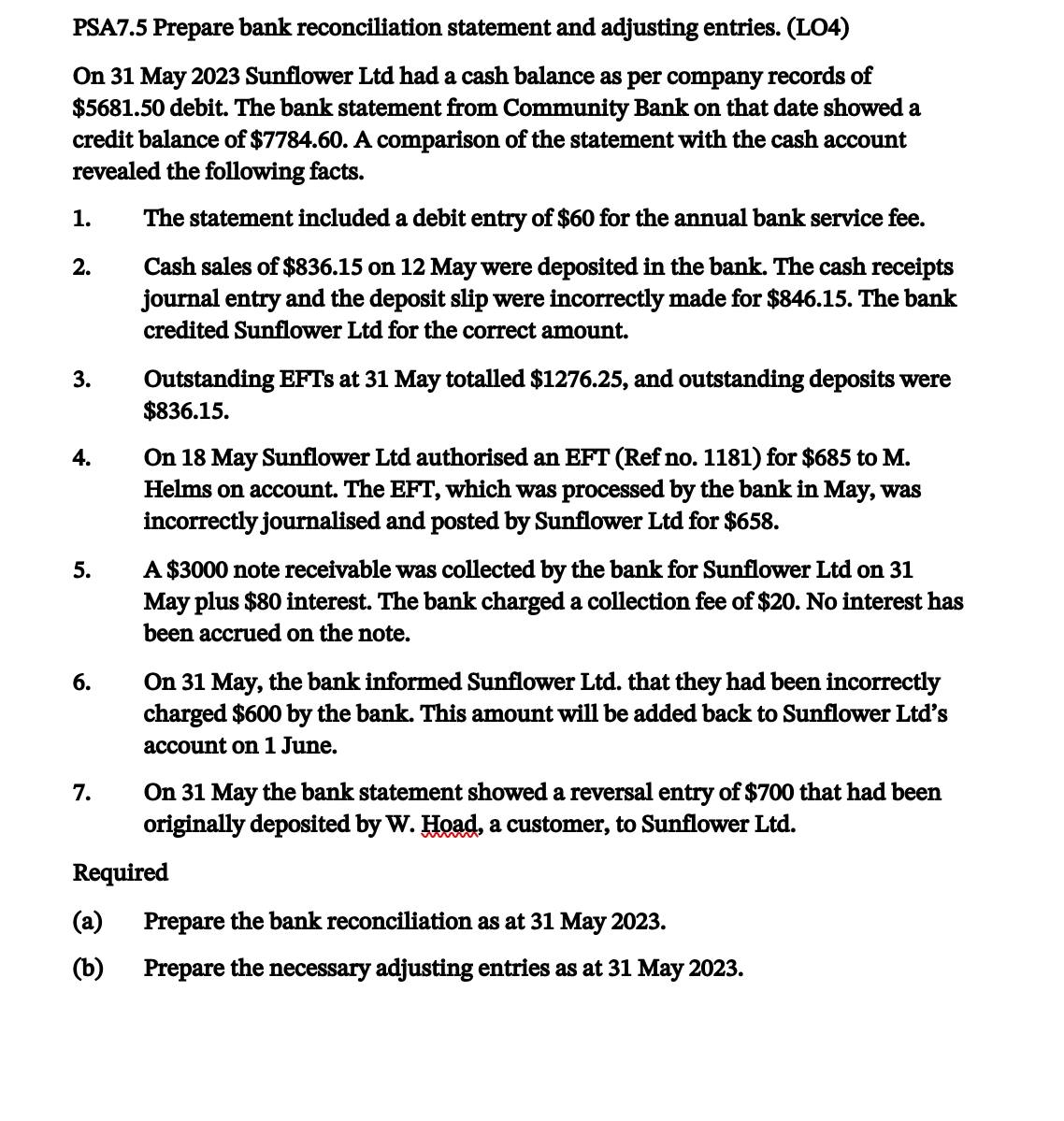 PSA7.5 Prepare bank reconciliation statement and adjusting entries. (LO4) On 31