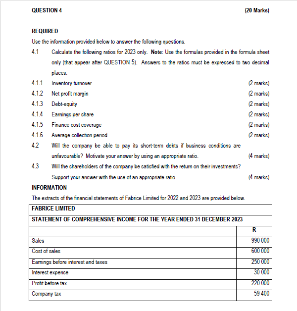  \table[[STATEMENT OF FINANCIAL POSITION AS AT 31 DECEMBER:],[,2023(R),2,2022(R),],[Non-current assets,1368000,1140000],[Inventories,360000,,220000],[Accounts receivable,180000,,250000],[Cash and