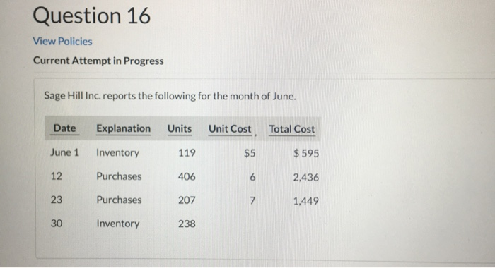  Question 16 View Policies Current Attempt in Progress Sage Hill Inc.