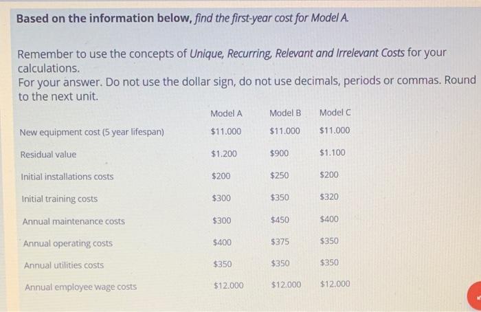  Based on the information below, find the first-year cost for Model