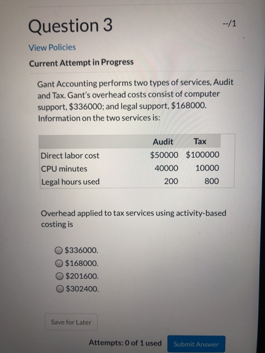  Question 3 --/1 View Policies Current Attempt in Progress Gant Accounting