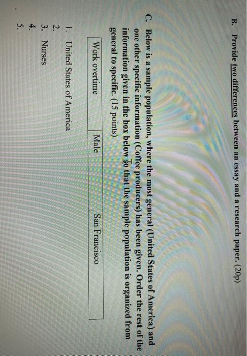  B. Provide two differences between an essay and a research paper.