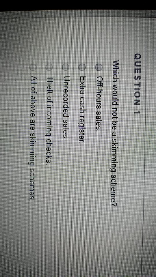  QUESTION 1 Which would not be a skimming scheme? O Off-hours