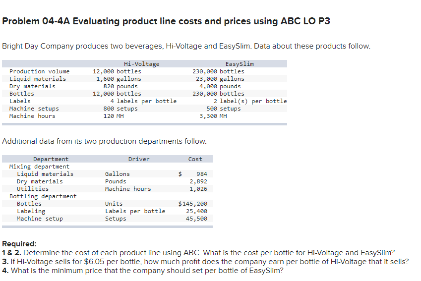Problem 04-4A Evaluating product line costs and prices using ABC LO