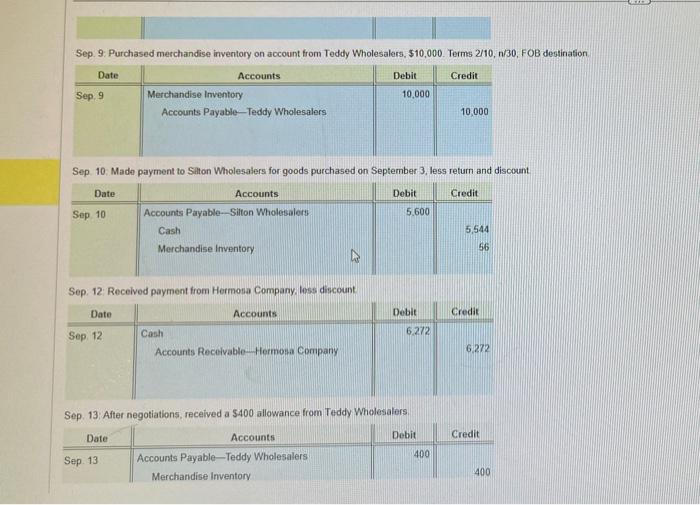 of $1.700. Sep. 6 Returned $400 of inventory from September 3 purchase.
