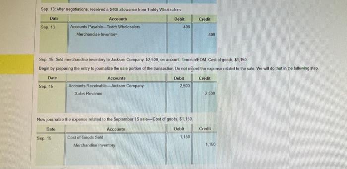 Sep. 8 Sold merchandise inventory to Hermosa Company, $6,400, on account. Terms