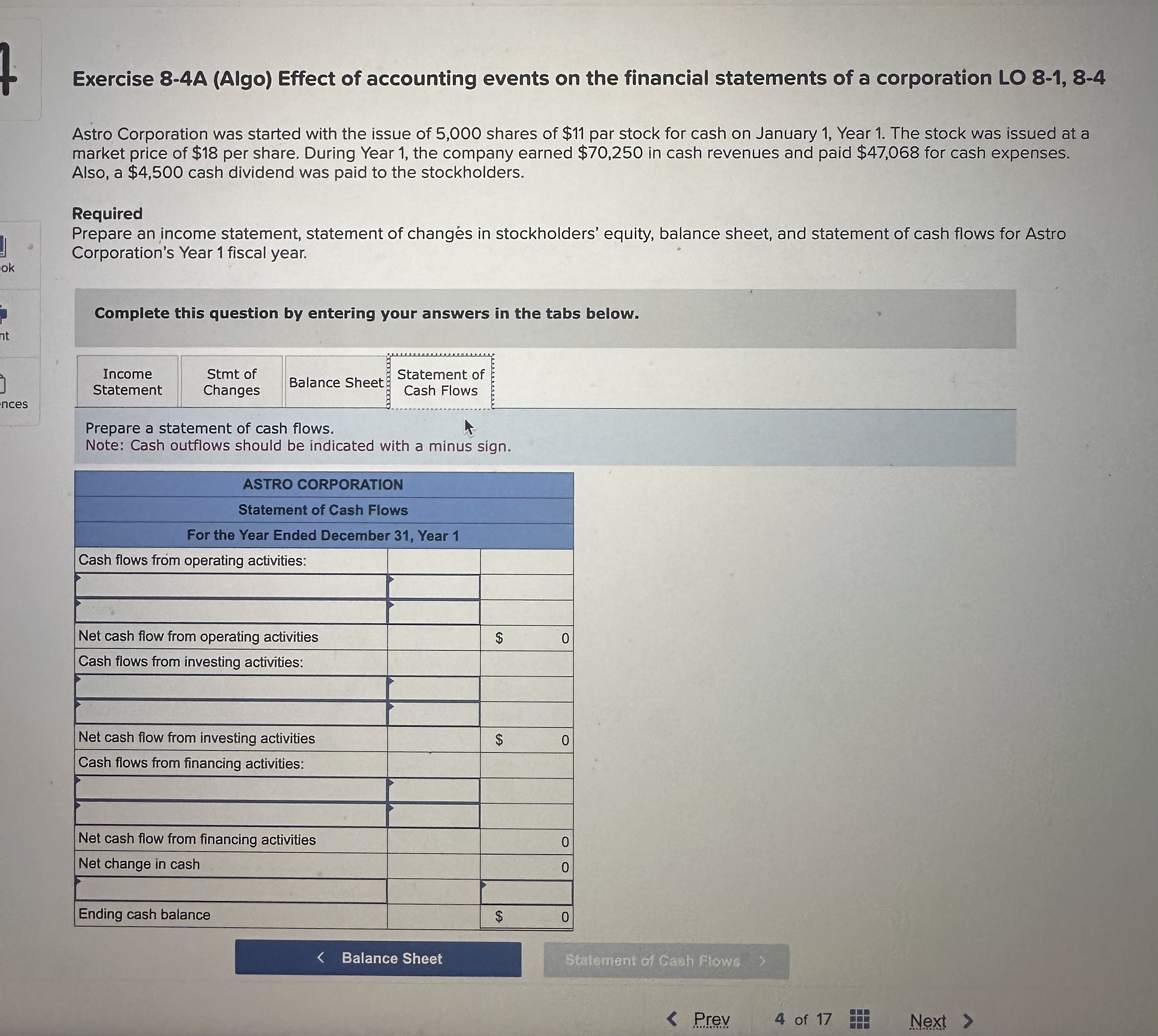  Exercise 8-4A (Algo) Effect of accounting events on the financial statements