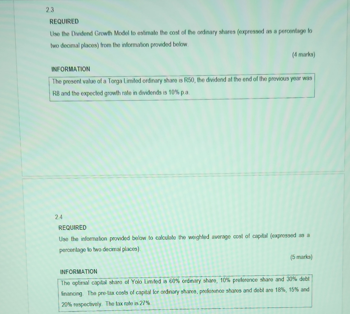  QUESTION 2 (20 Marks) 21 REQUIRED Use the information provided below
