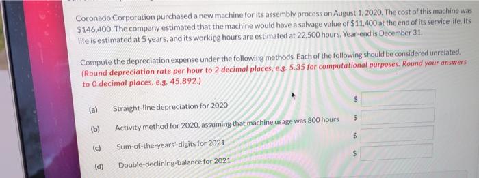  Coronado Corporation purchased a new machine for its assembly process on