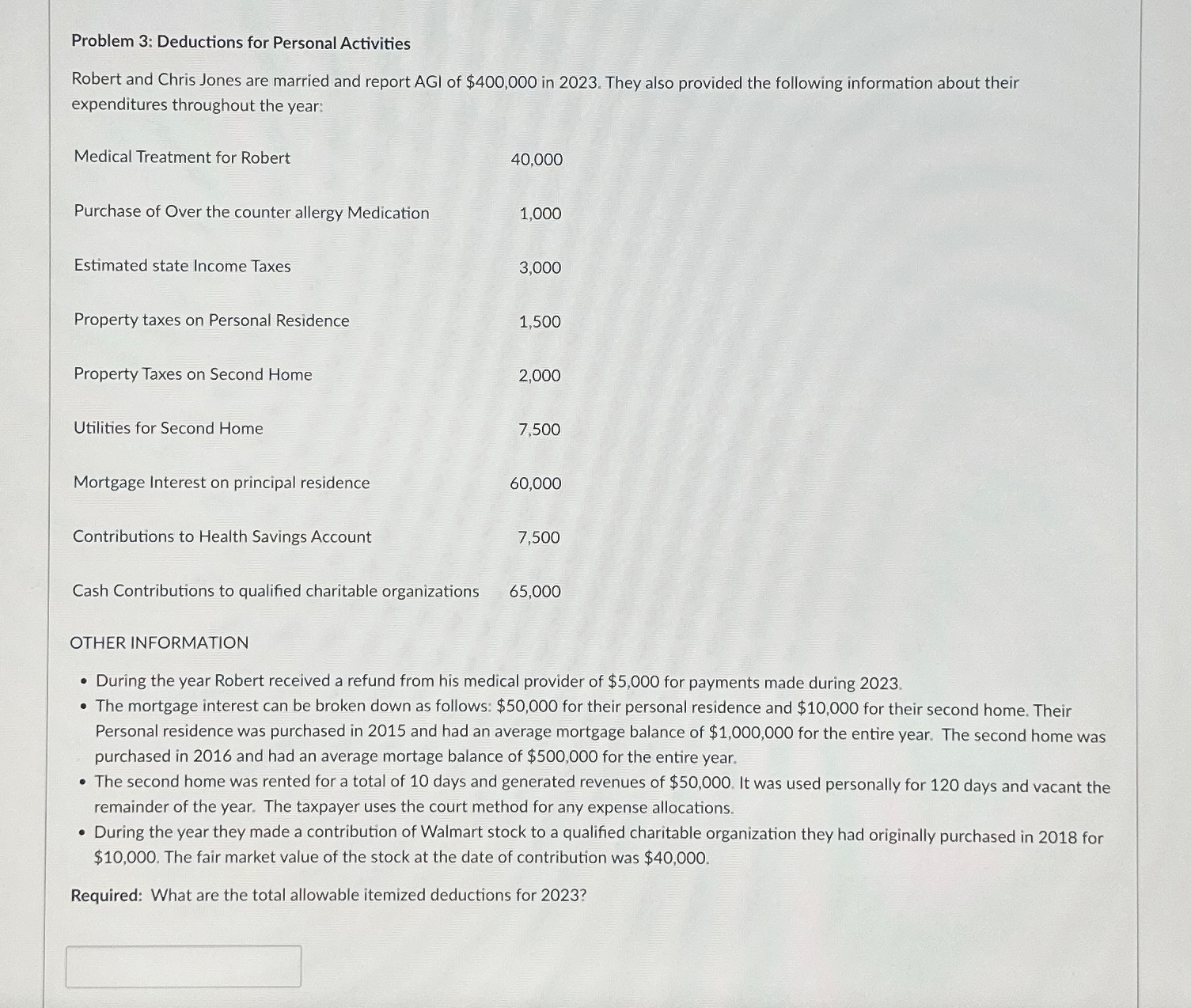  Problem 3: Deductions for Personal Activities Robert and Chris Jones are