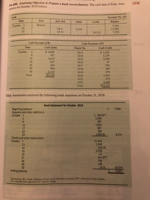  P4-48B. (Learning B. (Learning Objective 4: Prepare a bank reconciliation) The