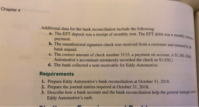 cash data of Eddy Auto- LOG cive for October 2018 follow: Cash